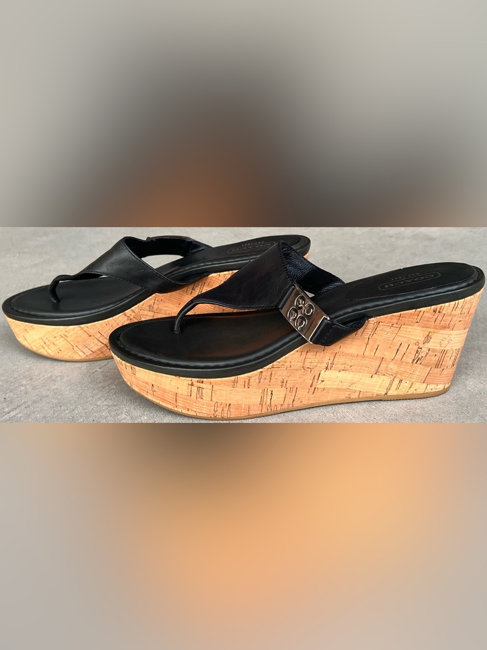 Coach Jan Black Leather Cork Platform Wedge Thong Sandals Signature C Size 8 NEW